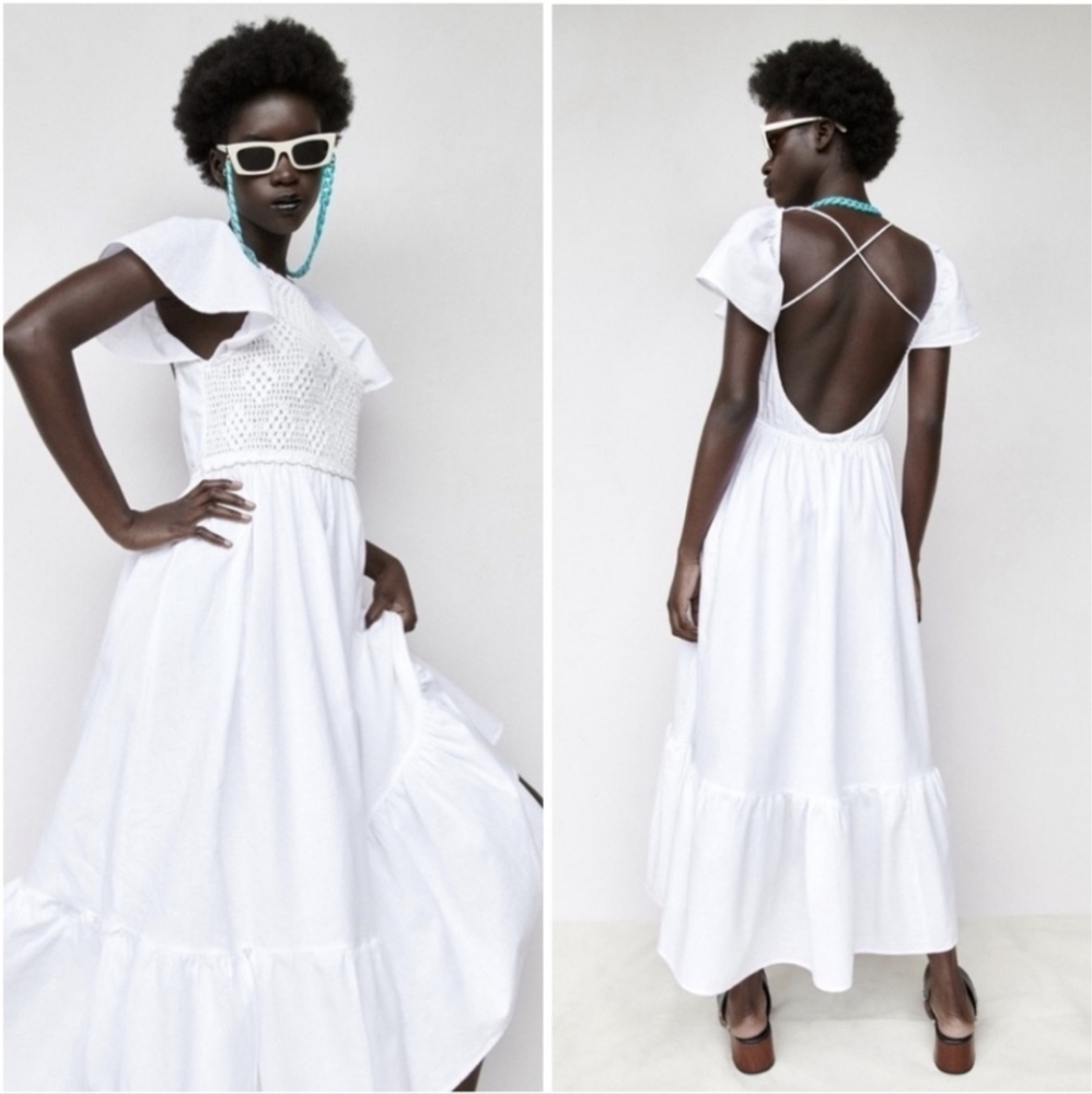 Zara White Maxi Dress with Crochet Bodice and Open Back